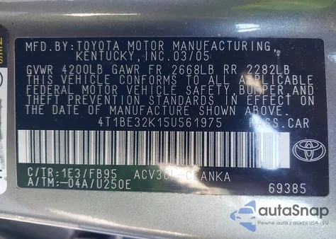 2005 Toyota Camry Le из США, поврежденный, VIN 4T1BE32K15U561975